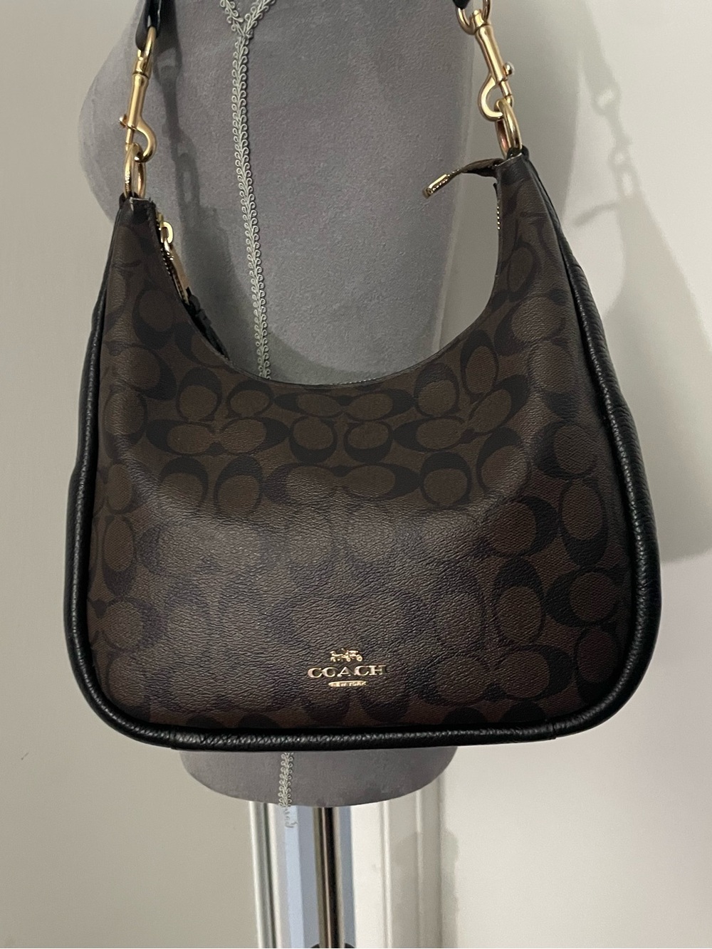 Coach Jules Hobo Bag Black/Brown Signature Coated Canvas with Black Leather Trim
